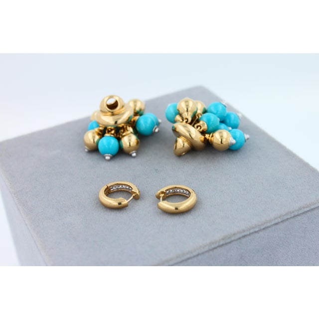 Blue Turquoise Diamonds Golden Sphere Bells Motif Two Tone Gold Huggie Earrings, A Pair For Sale - Image 14 of 14