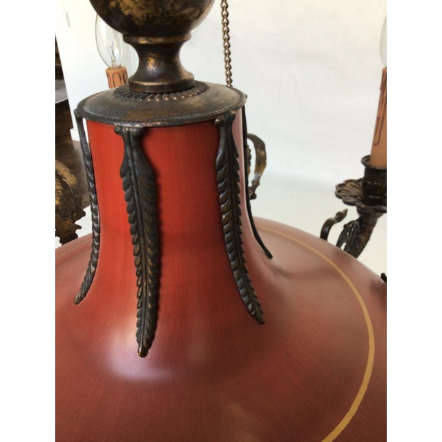 1990s Italian Six Light Brass Chandelier With Red Tole Finish For Sale - Image 12 of 13