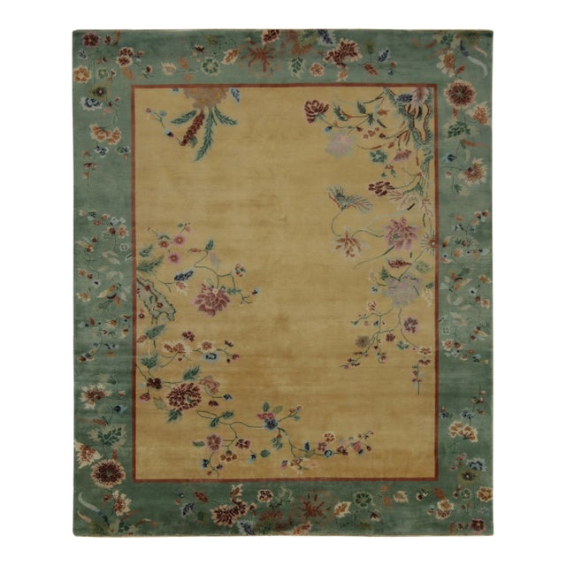 Rug & Kilim Chinese Style Art Deco Rug in Gold with Multicolor Floral Patterns - 12'x15' For Sale