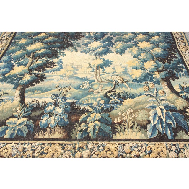 17th Century Antique Tapestry With Woodland Scene and Floral Border in Blue Tone For Sale In Atlanta - Image 6 of 11