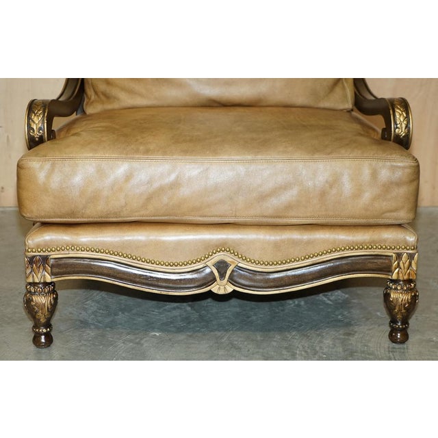 Set of Large Vintage Italian Brown Leather & Giltwood Throne Armchair & Footstool For Sale - Image 9 of 18