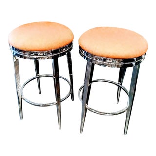 A Pair Polished Chrome Heavy Duty Swivel Counter Height Round Bar Stools For Sale