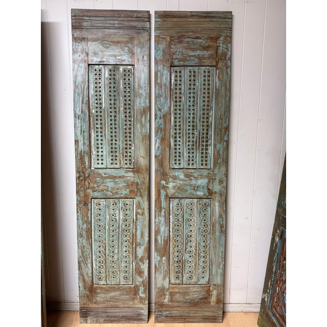 Blue Antique Indian Carved Wood Doors With Brass Studs – Rustic Farmhouse Barn Doors 80x40 For Sale - Image 8 of 8