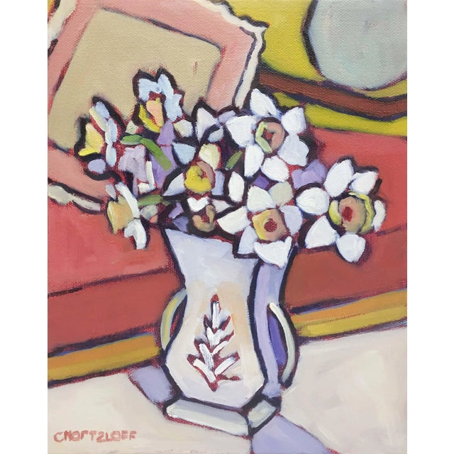 "Catching Spring" Contemporary Expressionist Style Bouquet of Daffodils Still Life Oil Painting by Catherine J. Martzloff For Sale