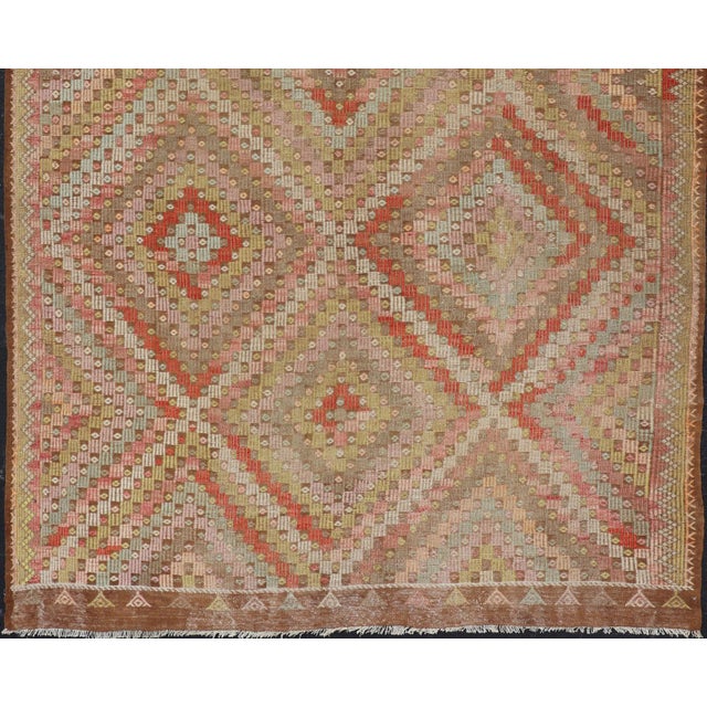 Traditional Large Vintage Turkish Kilim Rug With Coral, Gold, Sage Diamond Pattern For Sale - Image 3 of 14