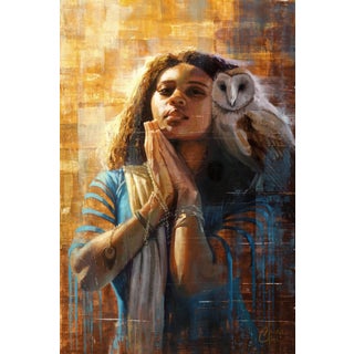 The Goddess of Wisdom by Christopher Clark | Oil on wood panel Woman with an owl in a thoughtful pose For Sale