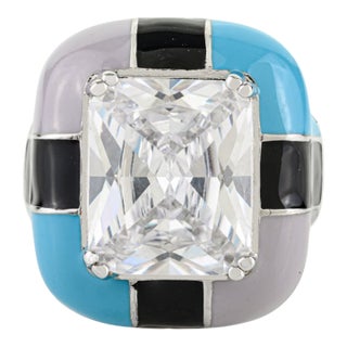 Sparkling Sterling Silver Enamel & Crystal Unisex Statement Ring by Carat&her- Size 6 For Sale