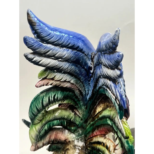 Vintage Hand-Painted Italian Majolica Ceramic Fighting Rooster Sculpture, a Pair 1980's For Sale - Image 9 of 15