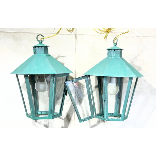Green Hand-Crafted Vintage Solid Brass Hexagonal Hanging Lanterns, Usa For Sale - Image 8 of 16