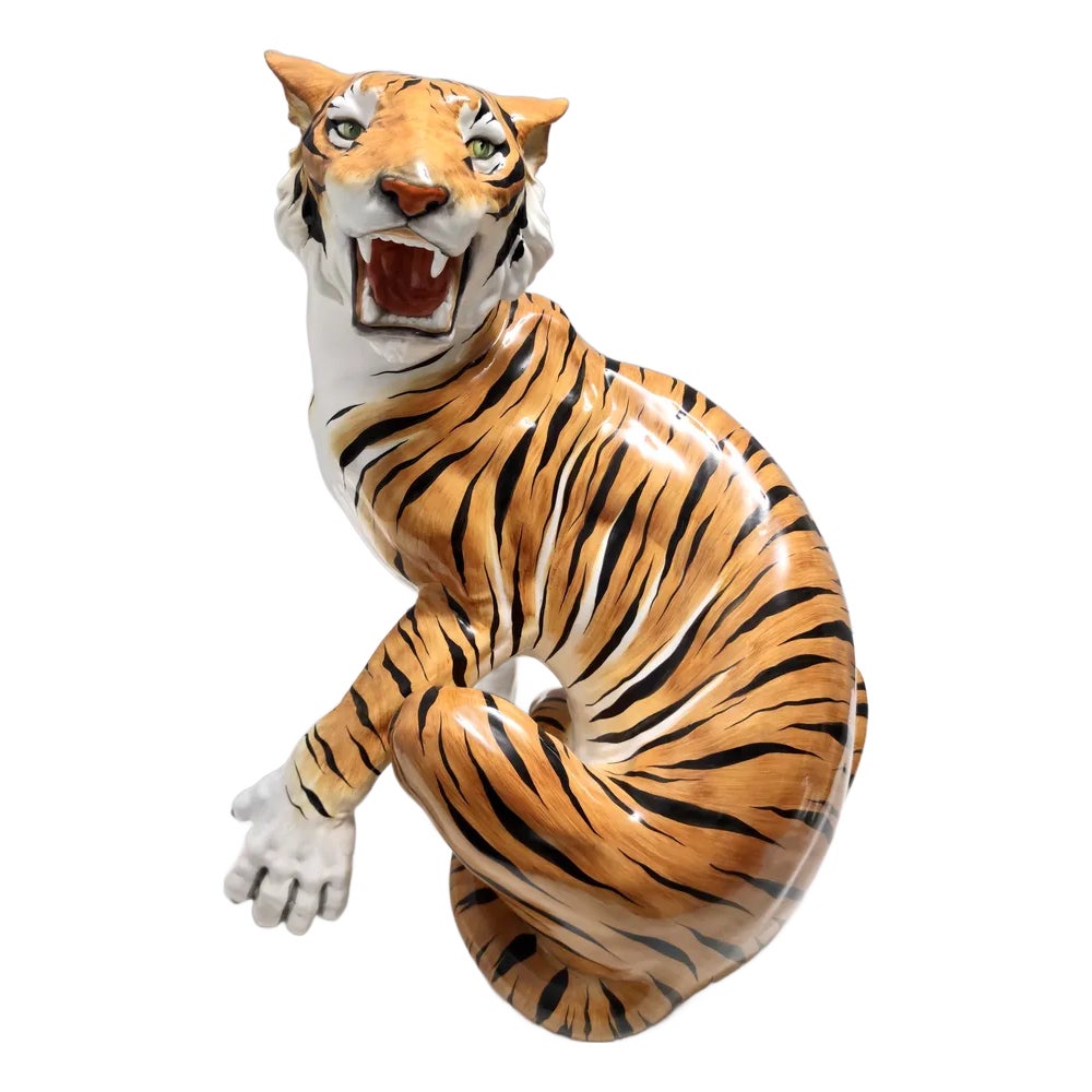 Large Vintage Hand Painted Ceramic Roaring Tiger, 1950s | Chairish