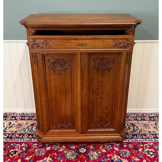 Antique French Double Door Cabinet Cupboard Carved Honey Oak Drawer Early 20th For Sale - Image 9 of 17