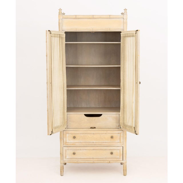Hollywood Regency Vintage Distressed Faux Bamboo Armoire For Sale - Image 3 of 9