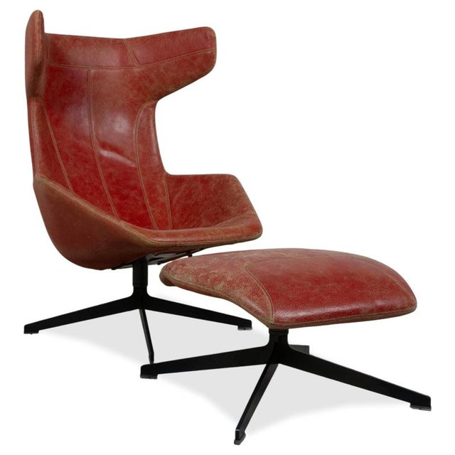 Set of Take a Line for a Walk 389 Lounge Chair and Ottoman in Red Leather by Alfredo Häberli for Moroso For Sale - Image 17 of 17