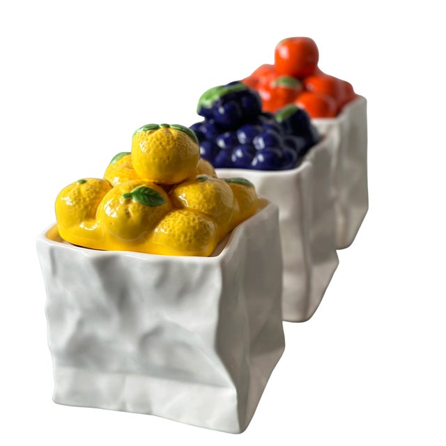 Vintage Ceramic Fruit "White Paper Bag" Containers, Set of Three - Lemons, Grapes & Oranges For Sale - Image 13 of 13
