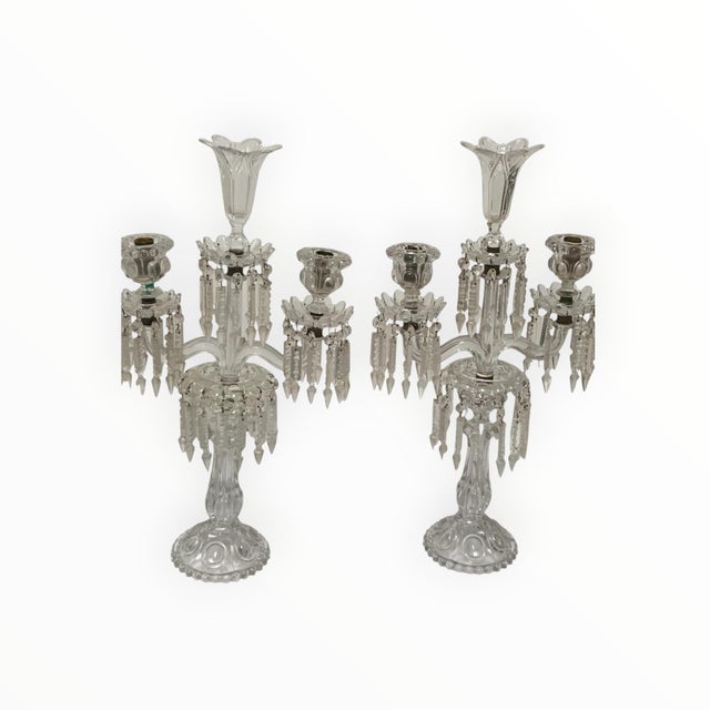 Vintage Pair 14" Modular Crystal 3-Light Candelabras Threaded European Lead Crystal Complete With Prisms For Sale - Image 4 of 12