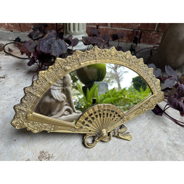 1940s Antique Victorian Style Art Nouveau Brass Fan Vanity Mirror For Sale - Image 5 of 8