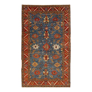 8 X 14 Contemporary Serapi-Style Blue Wool Rug Featuring a Floral Design For Sale