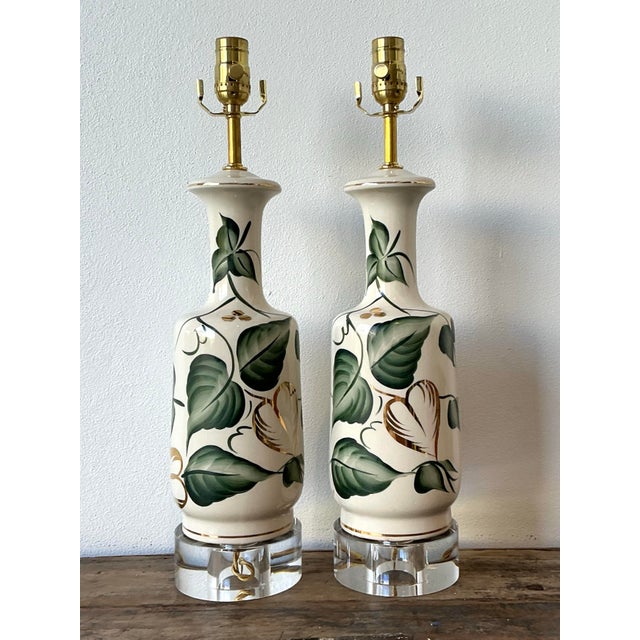 Vintage Glazed Ceramic Ivy Lamps - A Pair For Sale - Image 12 of 12