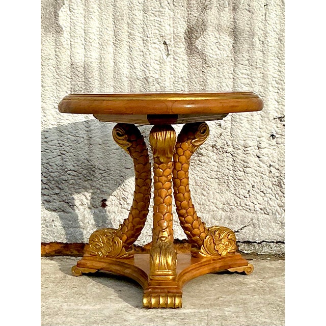 This exquisite Vintage Regency Tabouret Table embodies timeless elegance and intricate craftsmanship. The circular wood...