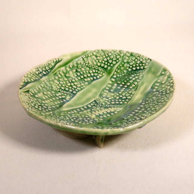 Late 20th Century Signed Wabi Sabi Studio Pottery Sculptural Green Abstract Pattern Textured Pedestal Bowl For Sale - Image 11 of 16