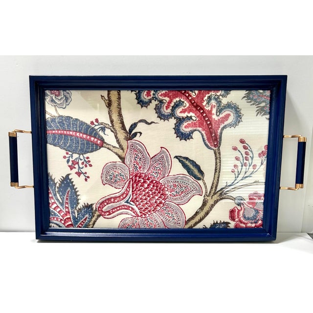 1980s Vintage Blue Lacquer Serving Tray With Brass Handles & Laura Ashley Floral Fabric Liner For Sale - Image 5 of 12