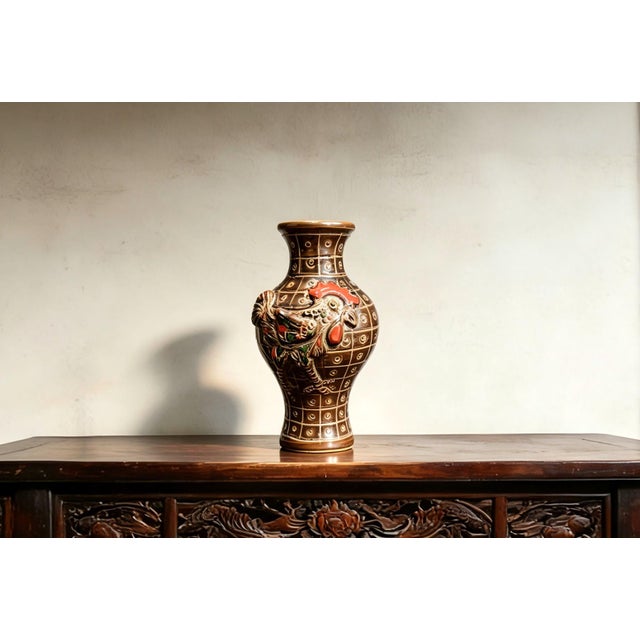 Art Deco Chinese Ceramic Vase,Brown Glaze Porcelain Vase Hand Carved Cock Pattern For Sale - Image 3 of 11
