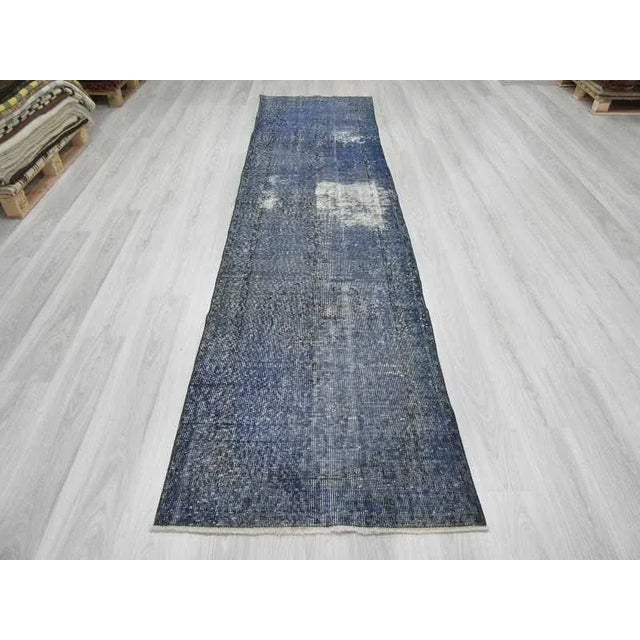 Turkish Vintage Turkish Blue Overdyed Runner Rug - 2′11″ × 12′ For Sale - Image 3 of 6