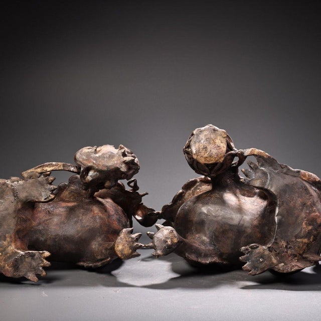 Pair of Antique Gilt Bronze Guardian Lion Figurines, 7400g Total, High Relief For Sale In Los Angeles - Image 6 of 10