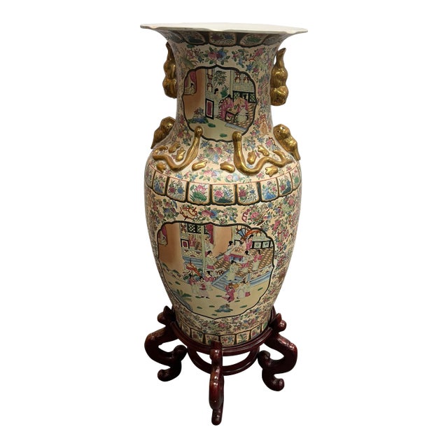 Huge Chinese Rose Famille Porcelain Vase on Stand For Sale