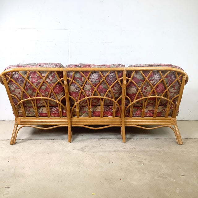 Vintage Palm Beach Style Rattan Sofa With Architectural Lattice Back For Sale - Image 17 of 18