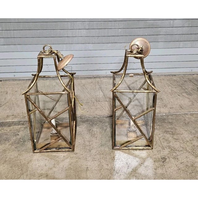 Late 20th Century Pair of Vintage Cast Brass Bamboo Pagoda Lantern by Vaughan For Sale - Image 5 of 6