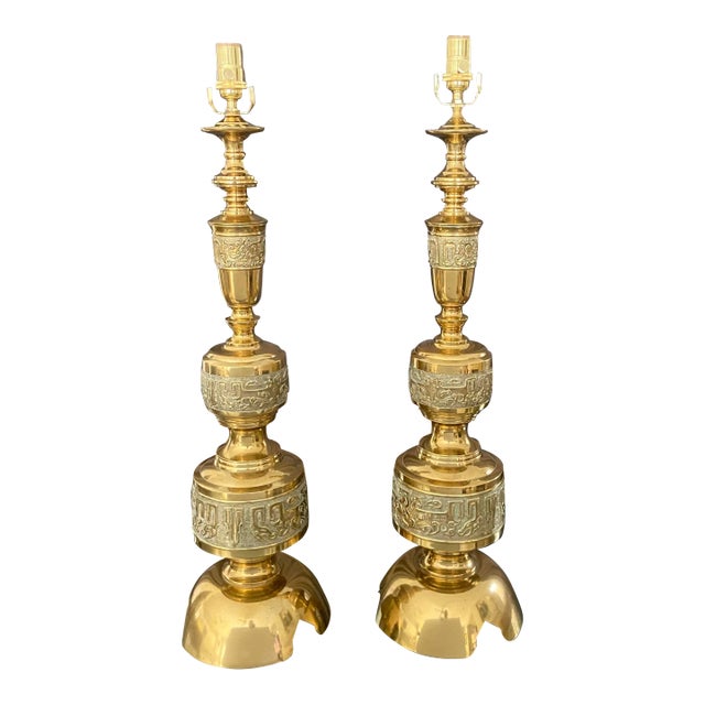 1960s James Mont Style Asian Inspired Brass Table Lamps - a Pair For Sale