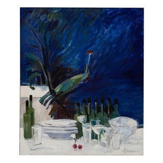 Oidentifirad Konstnär, Still Life with Peacock and Bottles, 1950s, Oil on Canvas For Sale