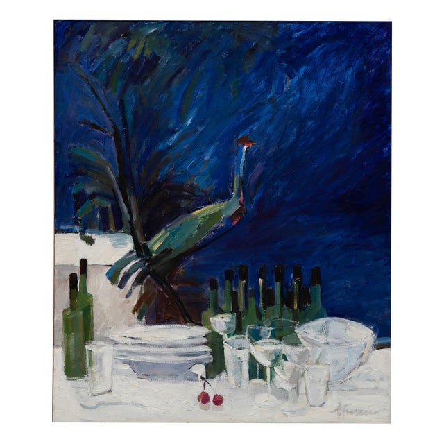 Oidentifirad Konstnär, Still Life with Peacock and Bottles, 1950s, Oil on Canvas For Sale