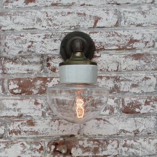 Vintage Clear Glass & Brass Sconce with Cast Iron Arm For Sale - Image 6 of 7