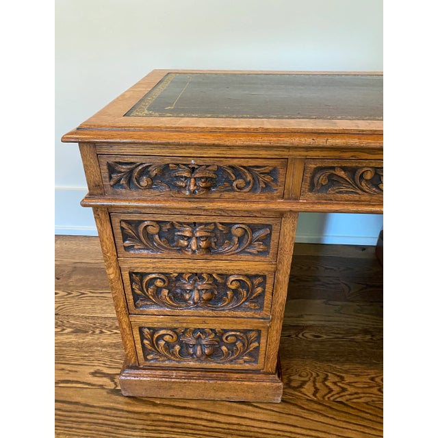 Wood Victorian Intricately Carved Oak Kneehole Executive Desk For Sale - Image 7 of 12