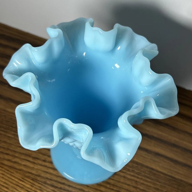 Mid-Century Modern Vintage Fenton Pastel Blue Hobnail Milk Glass Footed Double Crimped Ruffle Vase For Sale - Image 3 of 5