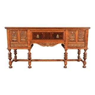 Early Romweber Antique English Jacobean Carved Oak and Burl Wood Sideboard, Circa 1900 For Sale
