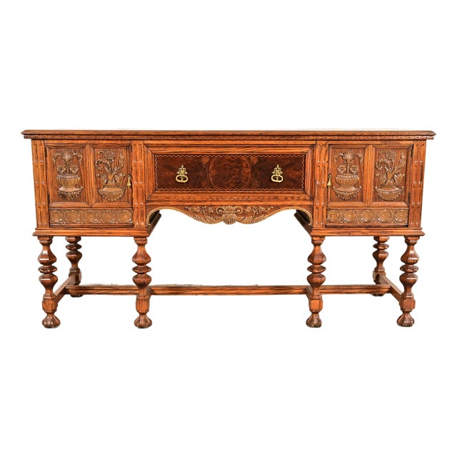 Early Romweber Antique English Jacobean Carved Oak and Burl Wood Sideboard, Circa 1900 For Sale