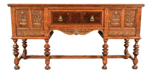 Early Romweber Antique English Jacobean Carved Oak and Burl Wood Sideboard, Circa 1900