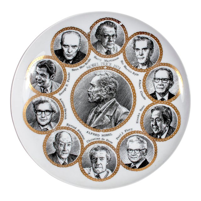 Piero Fornasetti Nobel Prize Porcelain Plate, 1974 For Sale