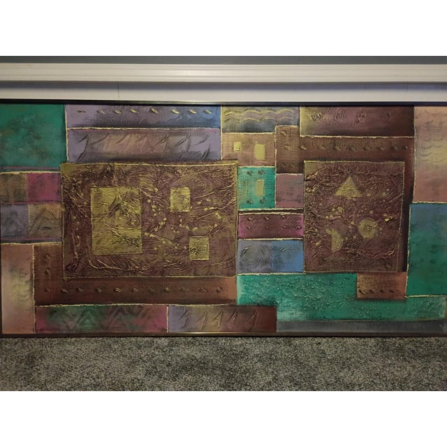 This large mid‑century mixed‑media painting by Lee Reynolds features a striking geometric layout built from multiple...