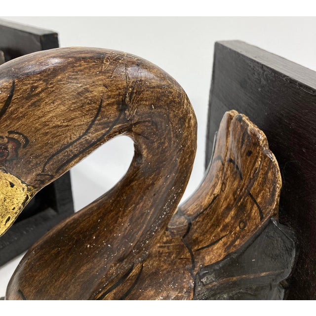 Brown Vintage Wooden Swan Bookends With Gilt Detail For Sale - Image 8 of 10
