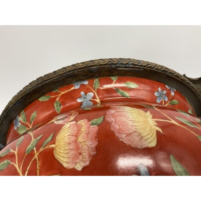 Large Chinese Porcelain Jardiniere Chinoiserie Planter Ornate Cast Metal Handles Coral Floral Cachepot For Sale - Image 6 of 9