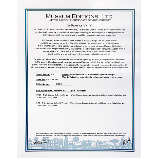 Charles Fazzino, a Star of Unity, Hand Signed 3d Deluxe Edition, Edition of 200, 20x18 In. Framed, 2020 For Sale - Image 4 of 4