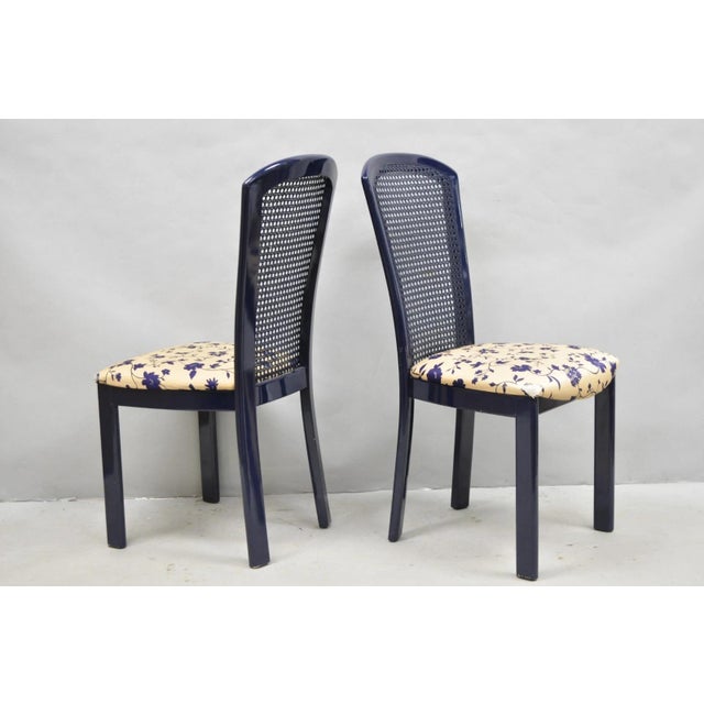 Vintage Italian Modern Hollywood Regency Navy Blue Lacquer Cane Back Modernist Dining Side Chairs (Made in Italy) - Set of...