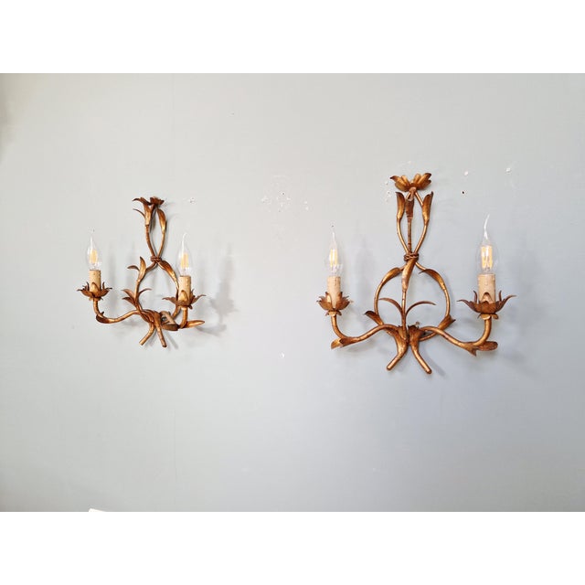 Floral Wall Sconces in Gilt Metal, Italy, 1960, Set of 2 For Sale - Image 9 of 14