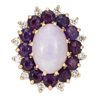 Lavender Jade Pendant Amethyst Diamond Vintage 14k Yellow Gold Enhancer Jewellery For Sale