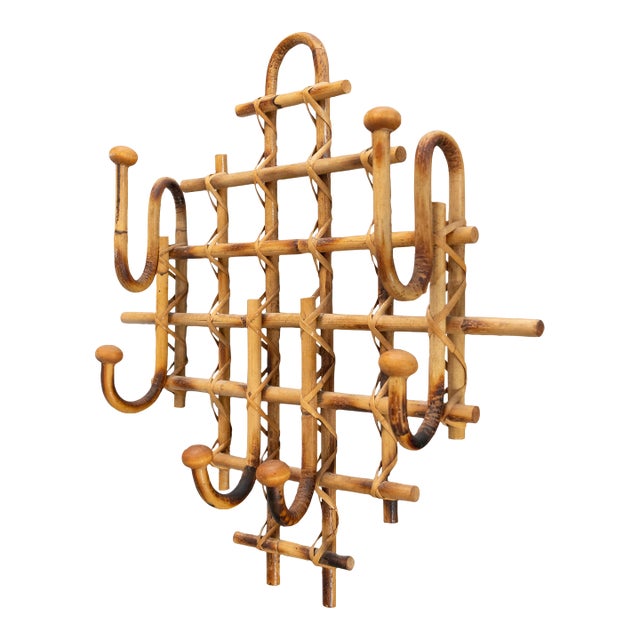 Vintage French Rattan & Bamboo Coat & Hat Rack For Sale