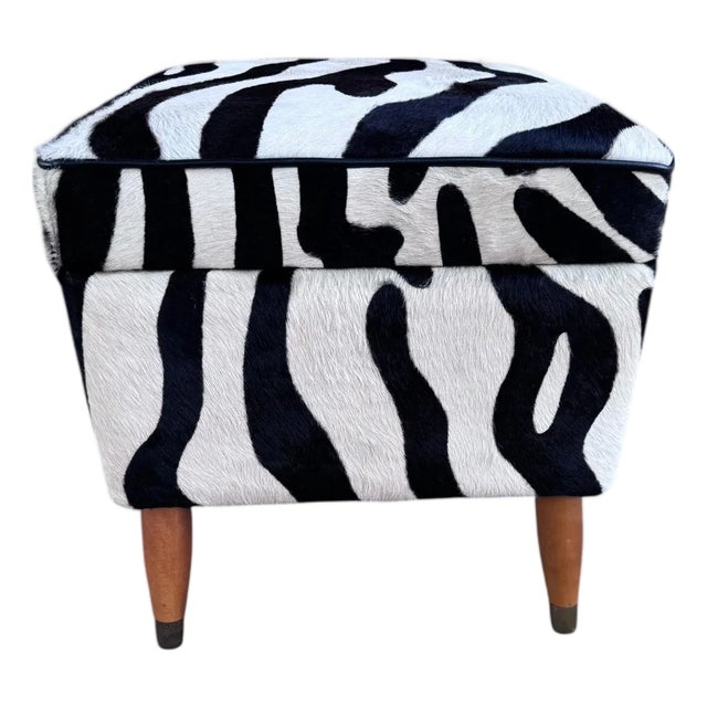 Vintage Zebra Cowhide Storage Ottoman, Newly Reupholstered in Cowhide For Sale